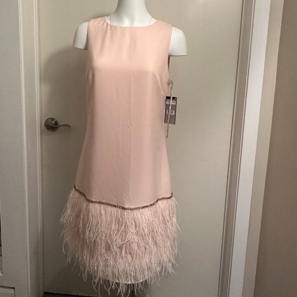 NEW! SLEEVELESS FEATHER HEM SHIFT DRESS - Picture 1 of 10